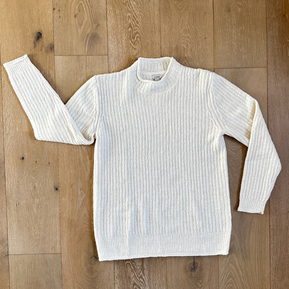 LL Bean womens ribbed mock neck pull over ivory sweater medium regular 35% wool